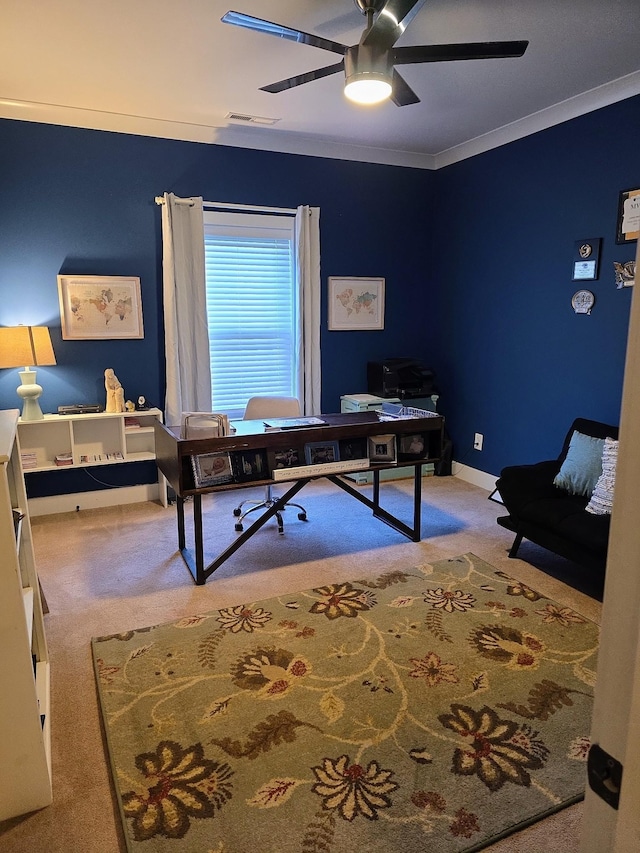 8009 Shelly Plum Dr, Murfreesboro, TN 37128 - carpeted home office with ornamental molding and ceiling fan