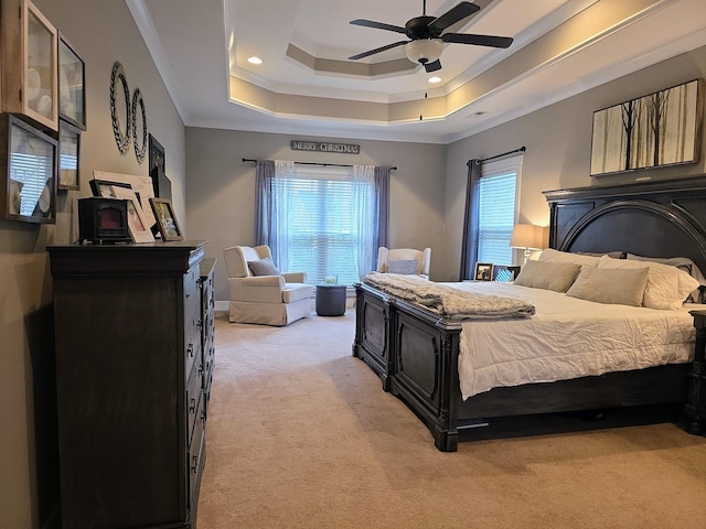 8009 Shelly Plum Dr, Murfreesboro, TN 37128 - bedroom with ornamental molding, light carpet, a raised ceiling, recessed lighting, and a ceiling fan