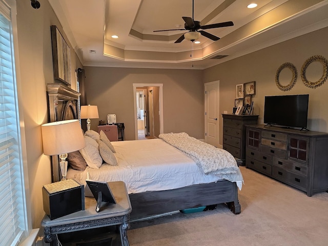 8009 Shelly Plum Dr, Murfreesboro, TN 37128 - bedroom with light carpet, a raised ceiling, recessed lighting, crown molding, and ceiling fan