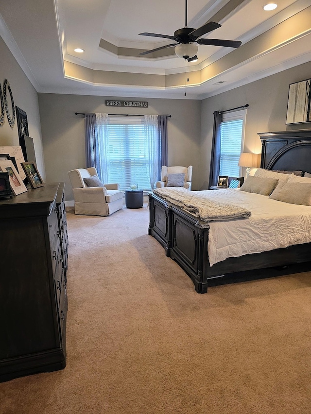 8009 Shelly Plum Dr, Murfreesboro, TN 37128 - bedroom featuring light carpet, a raised ceiling, ornamental molding, recessed lighting, and ceiling fan