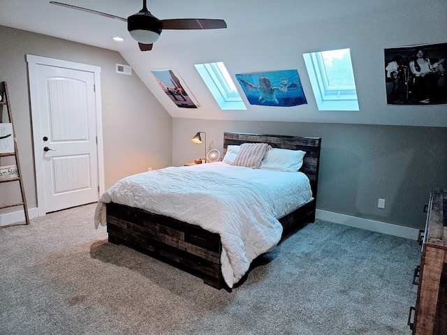 8009 Shelly Plum Dr, Murfreesboro, TN 37128 - carpeted bedroom with a skylight, vaulted ceiling, and a ceiling fan