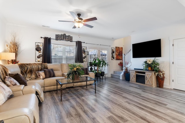 3331 Alta Ln, Murfreesboro, TN 37128 - living room with ceiling fan, wood finished floors, and stairs