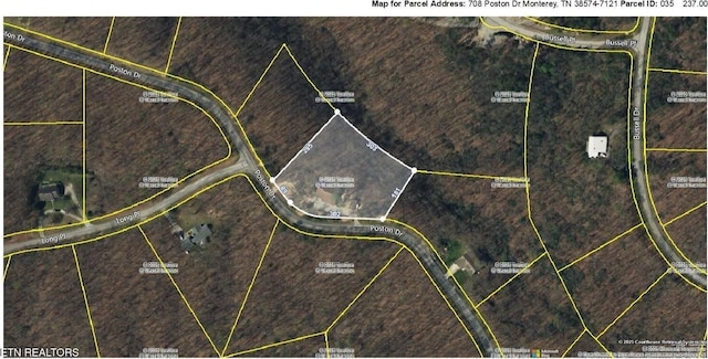 708 Poston Dr, Monterey, TN 38574 - aerial overview of property's location featuring property boundaries highlighted