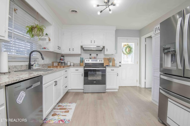 8114 Sharp Rd, Powell, TN 37849 - kitchen with appliances with stainless steel finishes, under cabinet range hood, light wood-type flooring, white cabinetry, and a chandelier