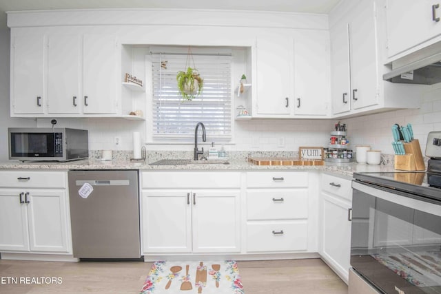 8114 Sharp Rd, Powell, TN 37849 - kitchen featuring appliances with stainless steel finishes, white cabinets, tasteful backsplash, and light stone countertops