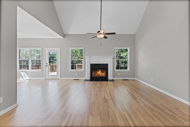 236 Comer Cir, Murfreesboro, TN 37128 - unfurnished living room featuring high vaulted ceiling, ceiling fan, light wood-style flooring, and a fireplace with flush hearth
