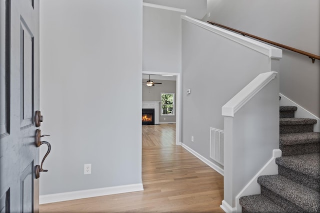 236 Comer Cir, Murfreesboro, TN 37128 - entryway featuring light wood finished floors, stairs, a ceiling fan, a warm lit fireplace, and a towering ceiling