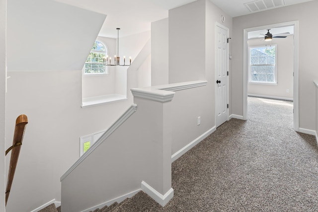 236 Comer Cir, Murfreesboro, TN 37128 - hall featuring an upstairs landing, a chandelier, carpet, and lofted ceiling