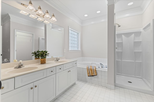 236 Comer Cir, Murfreesboro, TN 37128 - full bathroom featuring double vanity, tile patterned flooring, a garden tub, crown molding, and a shower