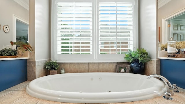 529 Derby Downs, Lebanon, TN 37087 - bathroom featuring a jetted tub, vanity, and ornamental molding