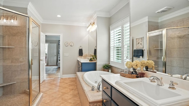 529 Derby Downs, Lebanon, TN 37087 - full bathroom featuring a shower stall, vanity, a tub with jets, tile patterned floors, and ornamental molding