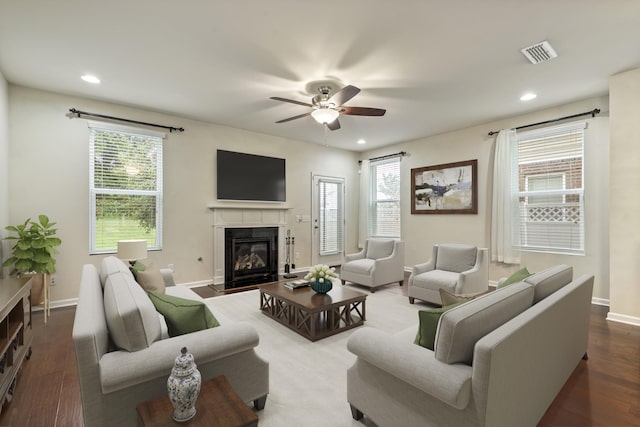 654 Foster Ln, Mount Juliet, TN 37122 - living room with a fireplace with flush hearth, ceiling fan, recessed lighting, wood finished floors, and healthy amount of natural light
