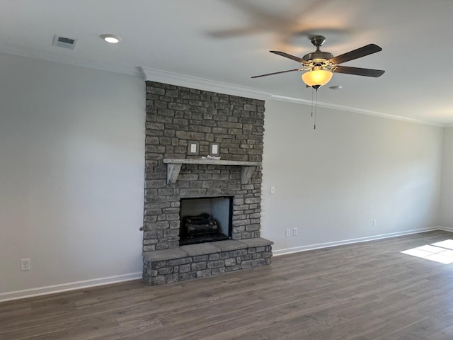 9021 Ada Way, Fairview, TN 37062 - unfurnished living room featuring ornamental molding, a fireplace, wood finished floors, ceiling fan, and recessed lighting