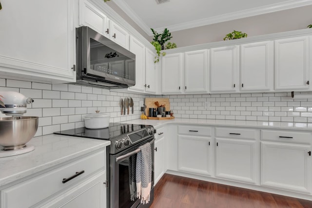 1016 Nealcrest Cir, Spring Hill, TN 37174 - kitchen featuring appliances with stainless steel finishes, crown molding, white cabinetry, tasteful backsplash, and dark wood-style floors