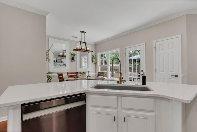 1016 Nealcrest Cir, Spring Hill, TN 37174 - kitchen with dishwasher, white cabinetry, decorative light fixtures, and ornamental molding