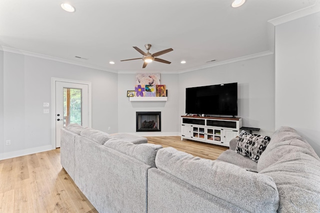 2428 Sandstone Cir, Murfreesboro, TN 37130 - living room featuring recessed lighting, ceiling fan, ornamental molding, wood finished floors, and a fireplace