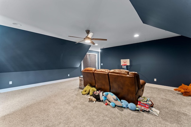 2428 Sandstone Cir, Murfreesboro, TN 37130 - home theater room featuring carpet flooring, a ceiling fan, lofted ceiling, and recessed lighting