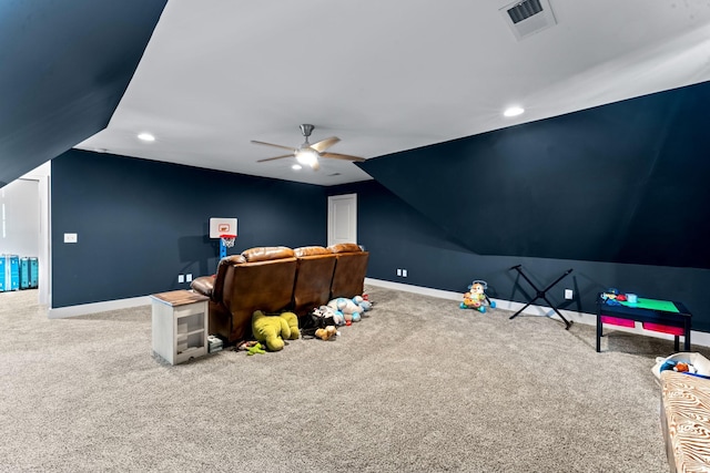 2428 Sandstone Cir, Murfreesboro, TN 37130 - carpeted home theater with ceiling fan, lofted ceiling, and recessed lighting
