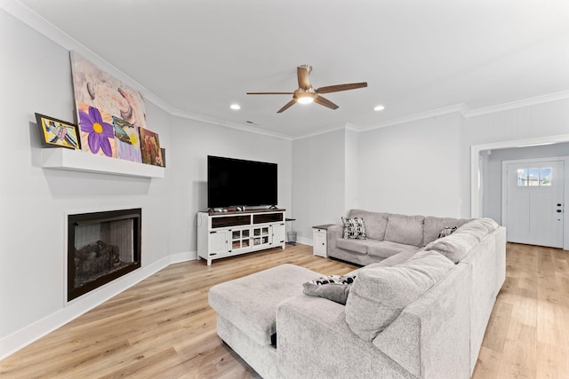 2428 Sandstone Cir, Murfreesboro, TN 37130 - living area with ceiling fan, crown molding, recessed lighting, light wood finished floors, and a large fireplace