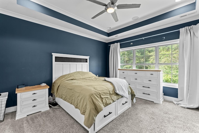 2428 Sandstone Cir, Murfreesboro, TN 37130 - bedroom featuring light colored carpet, a tray ceiling, a ceiling fan, and ornamental molding