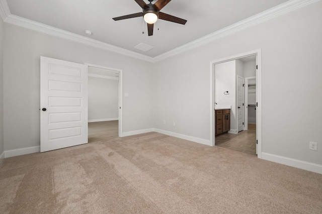 522 Rohan Dr, Murfreesboro, TN 37129 - unfurnished bedroom featuring carpet, ornamental molding, ensuite bathroom, and ceiling fan