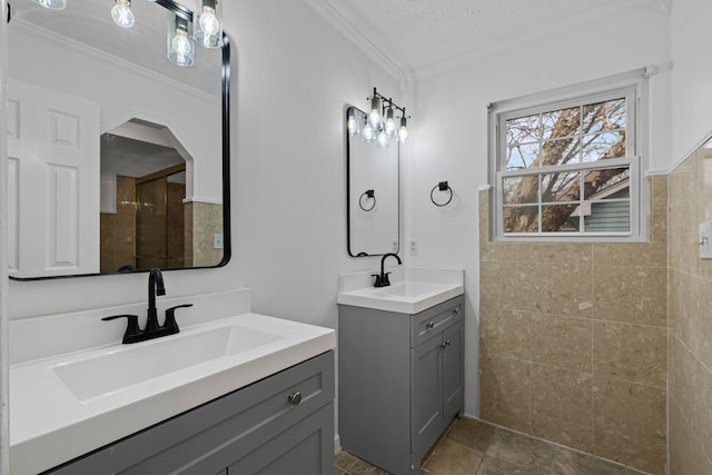 1300 Cadogan Way, Antioch, TN 37013 - full bath with crown molding, tiled shower, two vanities, and a textured ceiling