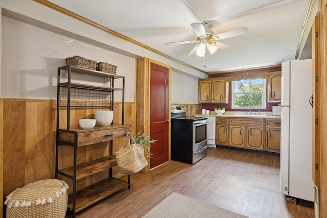 2274 Indian Mound Rd, Woodlawn, TN 37191 - kitchen featuring stainless steel range with electric stovetop, freestanding refrigerator, a wainscoted wall, a ceiling fan, and dark wood-type flooring