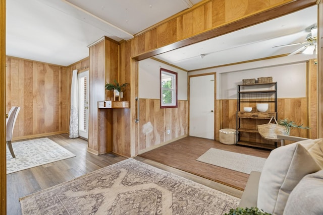 2274 Indian Mound Rd, Woodlawn, TN 37191 - entryway with wood walls, ceiling fan, wood finished floors, and wainscoting