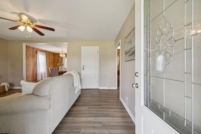 2274 Indian Mound Rd, Woodlawn, TN 37191 - living area with a ceiling fan, wood finished floors, and a chandelier