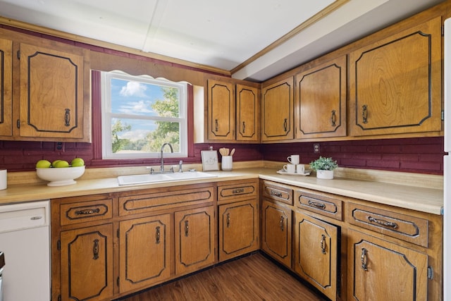 2274 Indian Mound Rd, Woodlawn, TN 37191 - kitchen with brown cabinetry, light countertops, dishwasher, and dark wood-type flooring