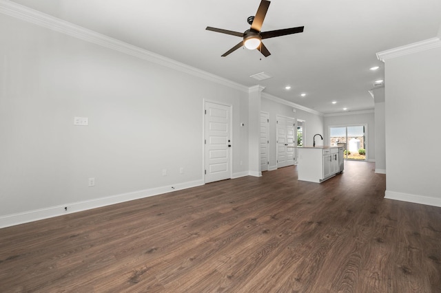 508 Rohan Dr, Murfreesboro, TN 37129 - unfurnished living room featuring crown molding, recessed lighting, a ceiling fan, and dark wood-style floors