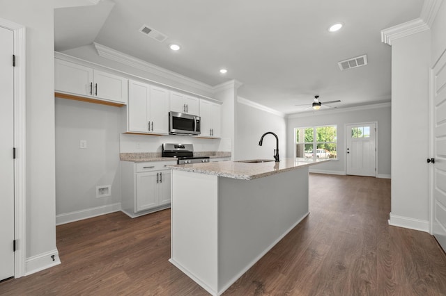 508 Rohan Dr, Murfreesboro, TN 37129 - kitchen featuring appliances with stainless steel finishes, a ceiling fan, ornamental molding, white cabinetry, and light stone countertops