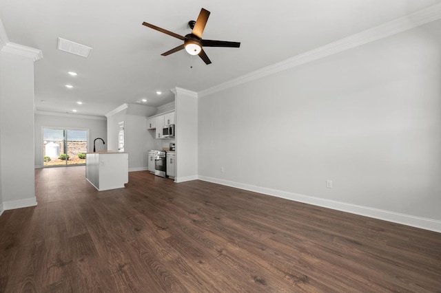 508 Rohan Dr, Murfreesboro, TN 37129 - unfurnished living room featuring ornamental molding, ceiling fan, dark wood-style flooring, and recessed lighting
