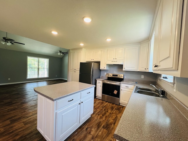 301 Union Hollow Rd, Petersburg, TN 37144 - kitchen with electric stove, ceiling fan, freestanding refrigerator, under cabinet range hood, and dark wood-type flooring
