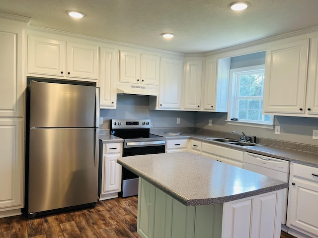 301 Union Hollow Rd, Petersburg, TN 37144 - kitchen featuring stainless steel appliances, under cabinet range hood, white cabinets, dark wood-style floors, and recessed lighting