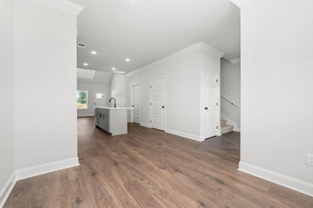 510 Rohan Dr, Murfreesboro, TN 37129 - unfurnished living room with crown molding, stairs, dark wood finished floors, and recessed lighting