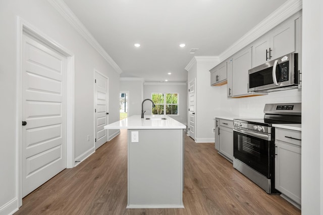 510 Rohan Dr, Murfreesboro, TN 37129 - kitchen featuring appliances with stainless steel finishes, crown molding, gray cabinets, a kitchen island with sink, and wood finished floors