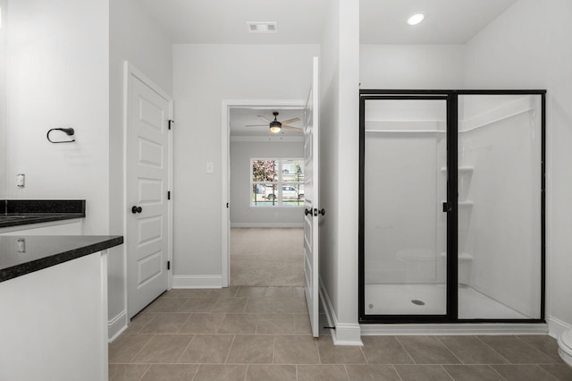 512 Rohan Dr, Murfreesboro, TN 37129 - bathroom with a ceiling fan, a shower stall, vanity, and tile patterned floors