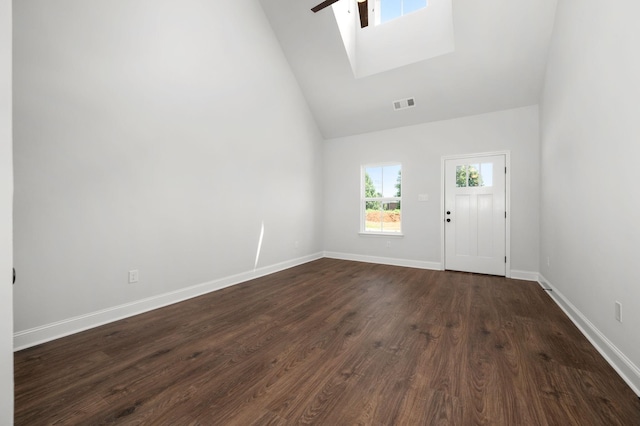 512 Rohan Dr, Murfreesboro, TN 37129 - spare room featuring high vaulted ceiling, dark wood finished floors, and a skylight