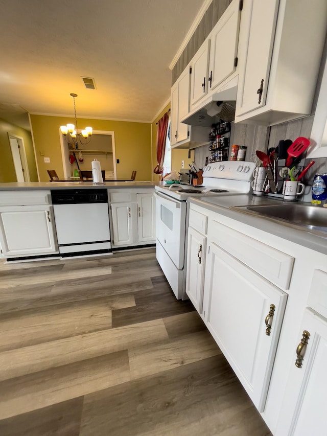 169 Wyndotte Way, Ledbetter, KY 42058 - kitchen with white appliances, under cabinet range hood, white cabinetry, a chandelier, and hanging light fixtures