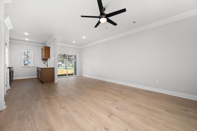 514 Rohan Dr, Murfreesboro, TN 37129 - unfurnished living room with a ceiling fan, recessed lighting, crown molding, and light wood-style floors