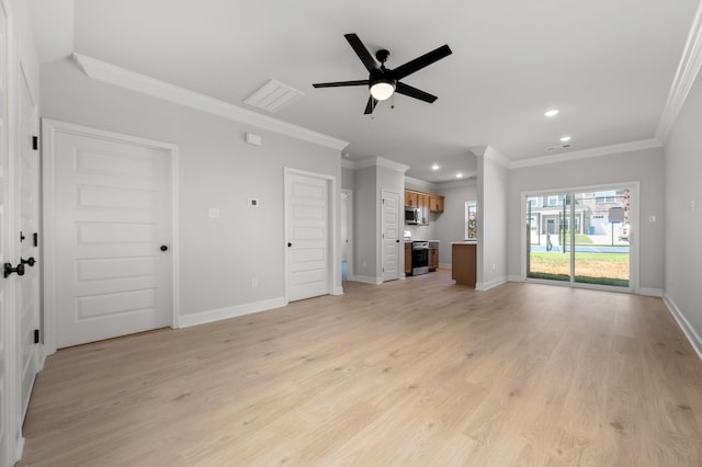 514 Rohan Dr, Murfreesboro, TN 37129 - unfurnished living room with recessed lighting, ornamental molding, a ceiling fan, and light wood-type flooring