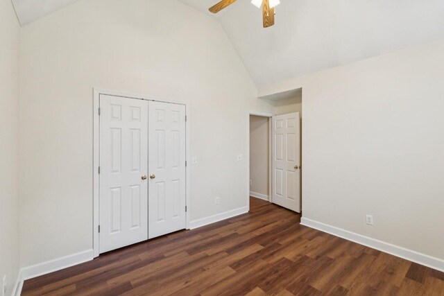 1011 Shirley Dr, Lebanon, TN 37087 - unfurnished bedroom with high vaulted ceiling, wood finished floors, a closet, and a ceiling fan