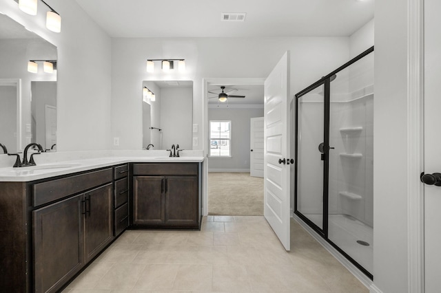 516 Rohan Dr, Murfreesboro, TN 37129 - full bath with ceiling fan, double vanity, a shower stall, and tile patterned flooring