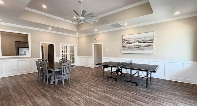 516 Rohan Dr, Murfreesboro, TN 37129 - dining area with french doors, a raised ceiling, a decorative wall, a ceiling fan, and wood finished floors