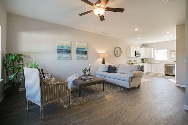 225 Tara Ct Unit 225, Columbia, TN 38401 - living room featuring a ceiling fan, dark wood finished floors, and recessed lighting