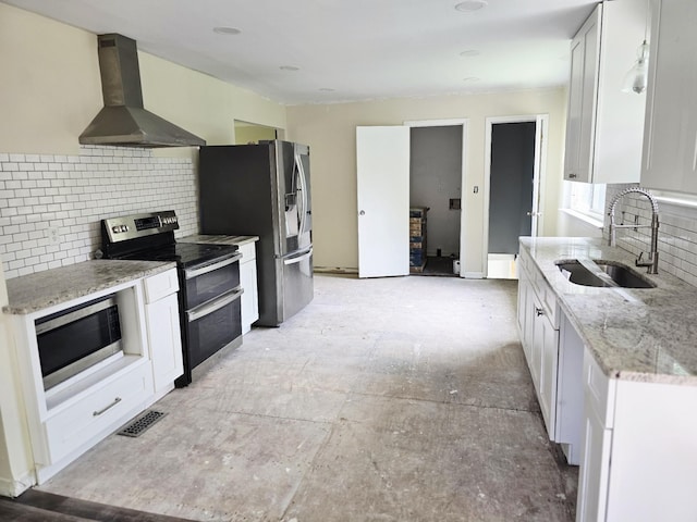 213 April Dr, Old Hickory, TN 37138 - kitchen featuring stainless steel appliances, wall chimney exhaust hood, backsplash, light stone countertops, and white cabinets