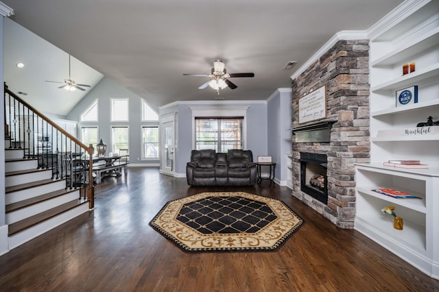 2331 Lionheart Dr, Murfreesboro, TN 37130 - living area featuring ceiling fan, wood finished floors, a stone fireplace, stairs, and ornamental molding