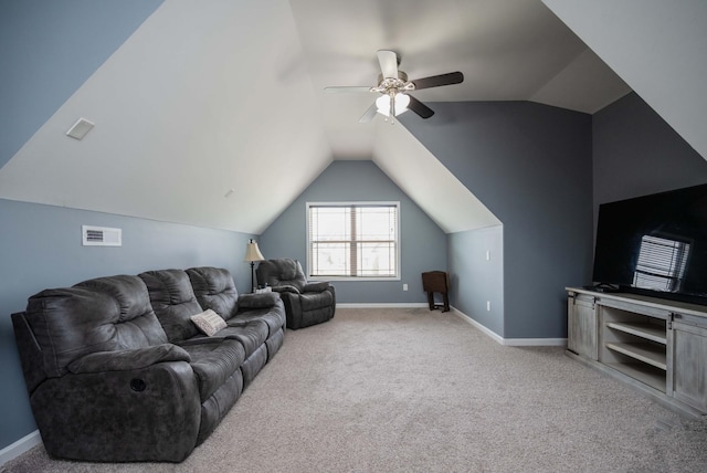 2331 Lionheart Dr, Murfreesboro, TN 37130 - living area featuring ceiling fan, lofted ceiling, and light carpet