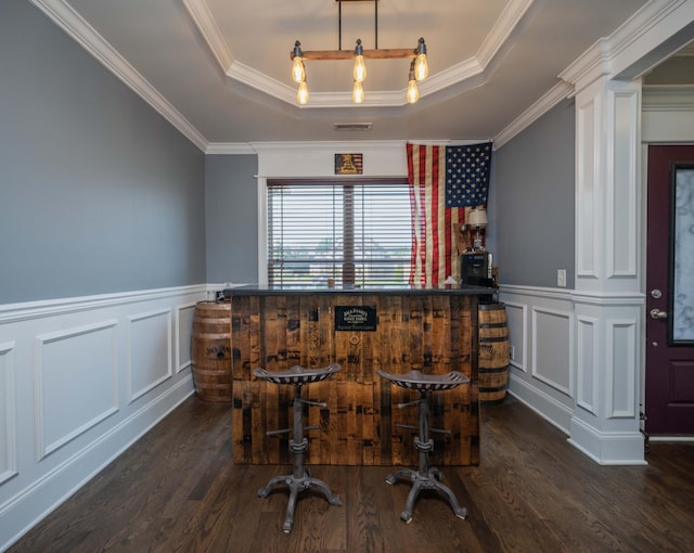 2331 Lionheart Dr, Murfreesboro, TN 37130 - indoor dry bar featuring a decorative wall, a raised ceiling, wood finished floors, a wainscoted wall, and crown molding